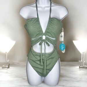WET Sonora - Aaliyah One Piece Swimsuit Snake Jacquard Moss Green Women's M NWT